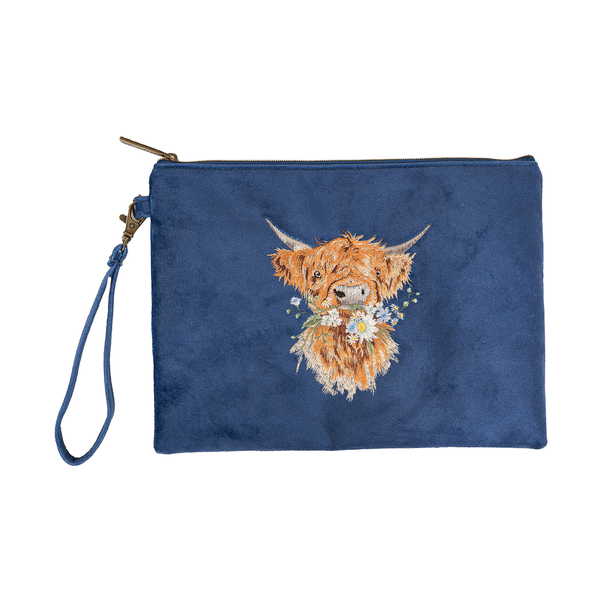 Pouch or clutch bag with embroidered highland cow design