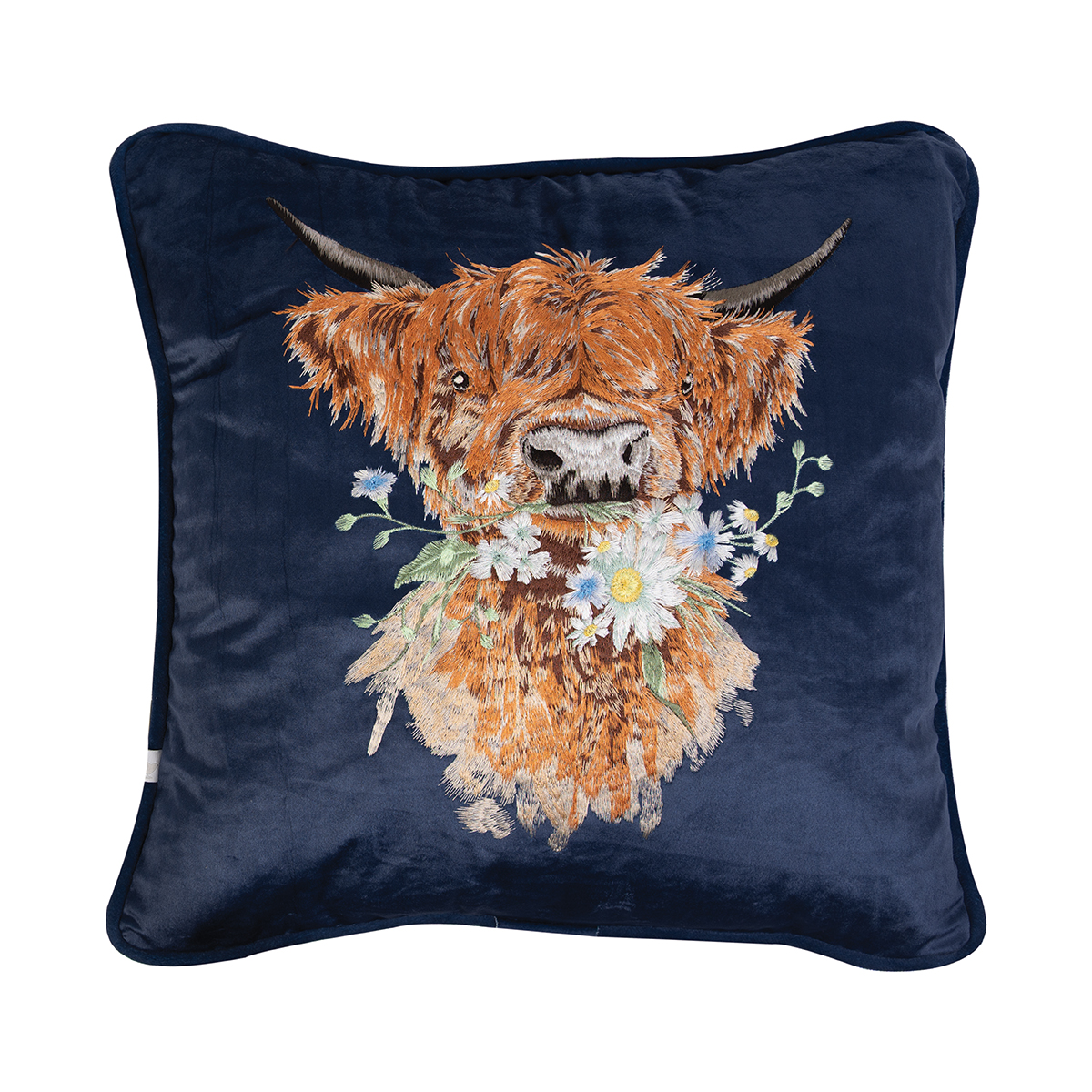 Embroidered Highland cow cushion on navy fabric
