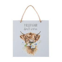 &#039;Messy Hair Don&#039;t Care&#039; Highland Cow Wooden Plaque