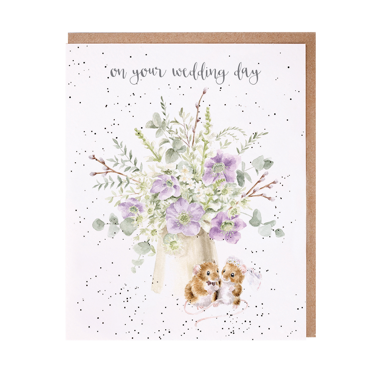 Illustrated mice as a bride and groom with large bouquet wedding day card