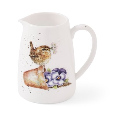 Posy jug with a illustrated wren on a flower pot