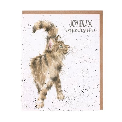 Fluffy tabby cat French birthday card