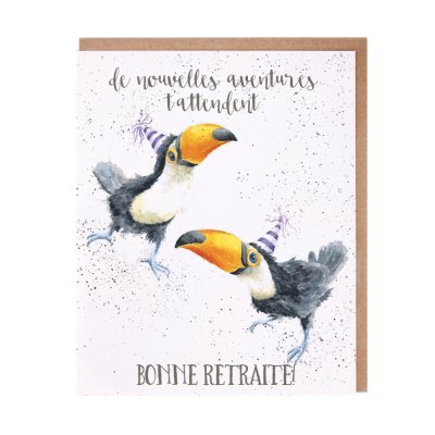 Toucans in party hats French birthday card