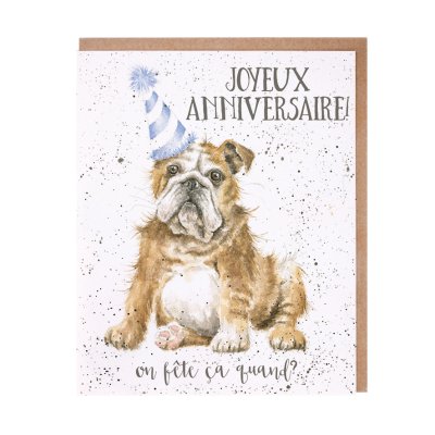Bulldog in a blue an white party hat French card