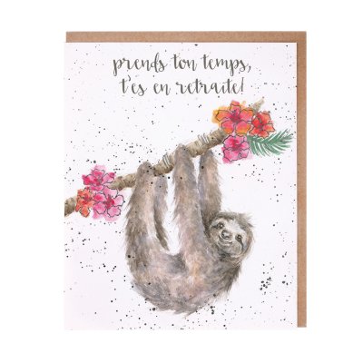 Sloth on a branch with tropical flowers French card