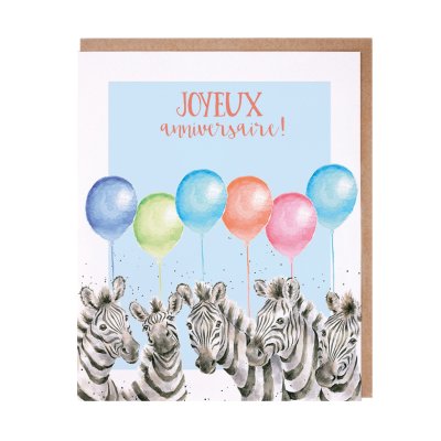 Zebras with colourful balloons French birthday card