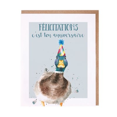 Duck with party hat French birthday card