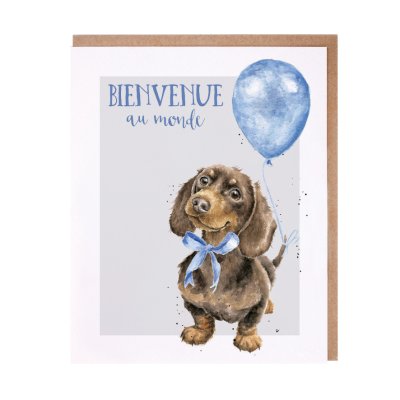 Dachshund with a blue bow and balloon French new baby card