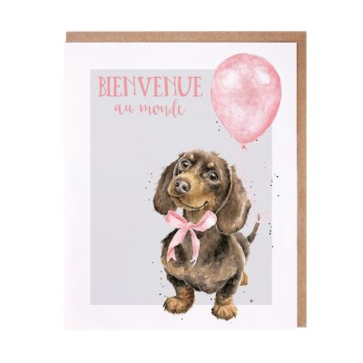 Dachshund with a pink bow and balloon French new baby card