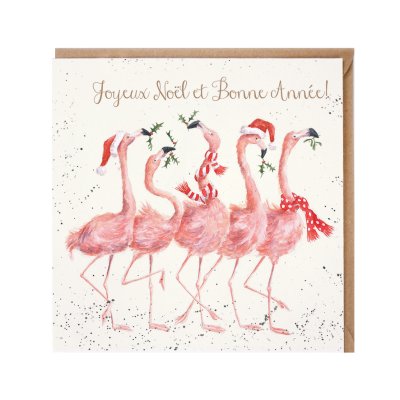 Flamingos in santa hats and scarves French Christmas card