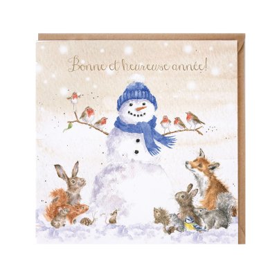 Woodland animals around a snowman French Christmas card