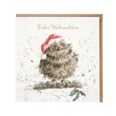 Owl on a branch in a Santa hat German Christmas Card