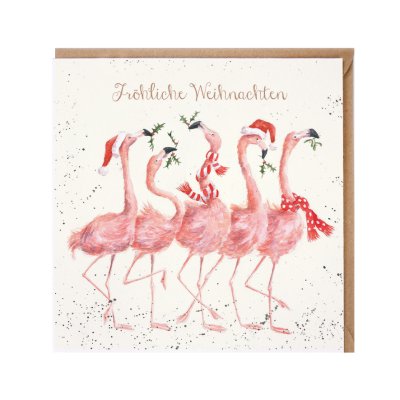 Flamingos in Santa hats and scarves with holly in their mouths German Christmas Card