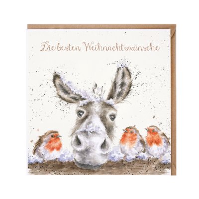 Donkey in the snow with three robins German Christmas Card