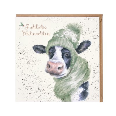 Cow in a green woolly hat and scarf German Christmas Card