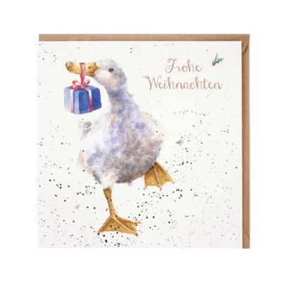Duck carrying a present German Christmas Card