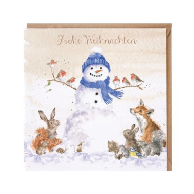 Woodland animals sat around a snowman German Christmas Card