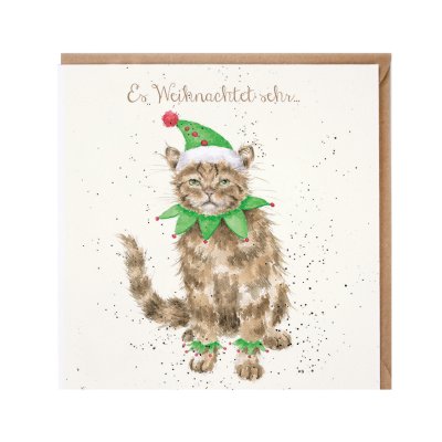 Cat in an elf costume German Christmas Card
