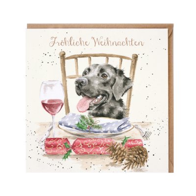 Black Labrador sat at a festive table German Christmas Card