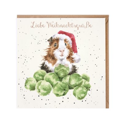 Guinea pig in a festive hat with a pile of sprouts German Christmas Card