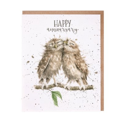 Owls cuddling on a branch anniversary card