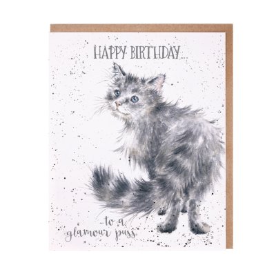 Fluffy grey cat birthday card
