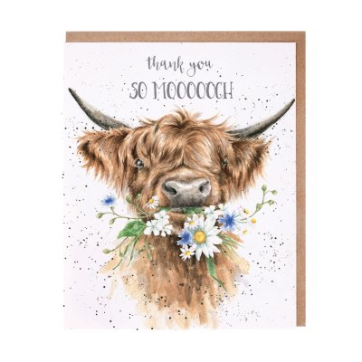 Highland cow with flowers in its mouth thank you card
