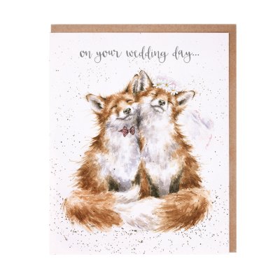 Fox and a veil and fox in a bow tie wedding day card