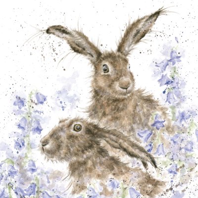 'March hares' two hares amongst bluebells artwork print
