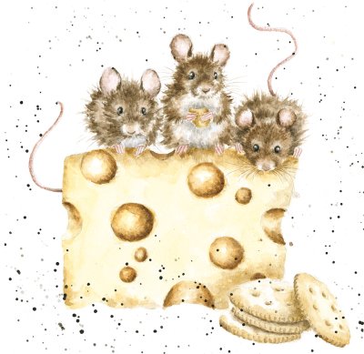 'Crackers About Cheese' mice on a wedge of cheese with crackers artwork print
