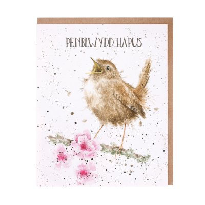 Wren and blossom Welsh Birthday card