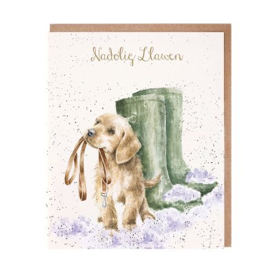 Labrador next to wellies Christmas card with Welsh text