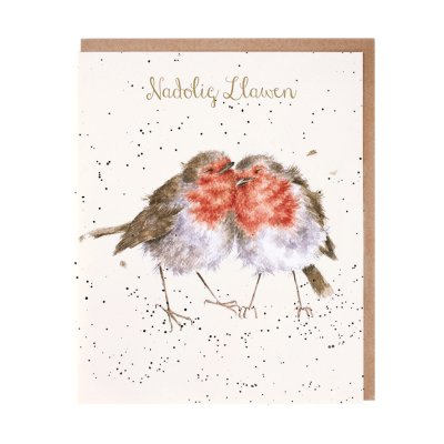 Robin Christmas card with Welsh text
