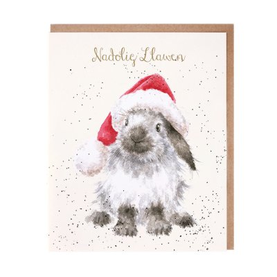Rabbit in a Christmas hat Christmas card with Welsh text