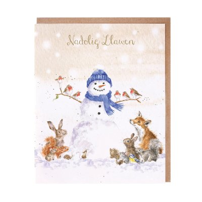 Woodland animals around a snowman Christmas card with Welsh text