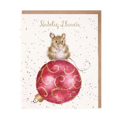 Mouse on a bauble Christmas card with Welsh text