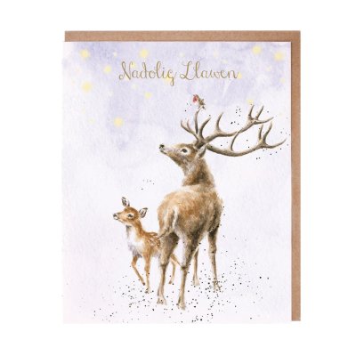 Stag and deer Christmas card with Welsh text