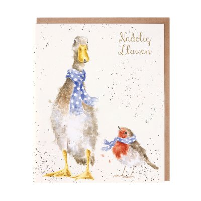 Duck and robin in scarves Christmas card with Welsh text
