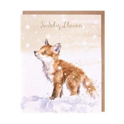 Fox Christmas card with Welsh text