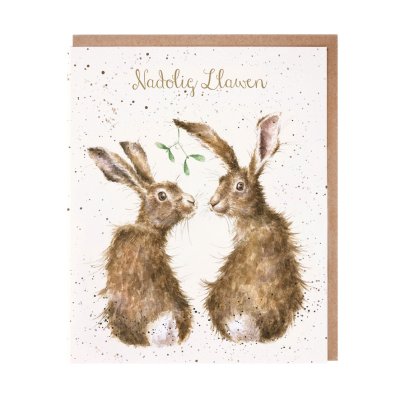 Hares under mistletoe Christmas card with Welsh text