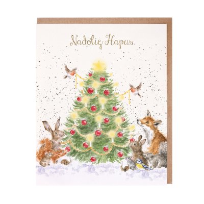 Woodland animals around a Christmas tree Christmas card with Welsh text