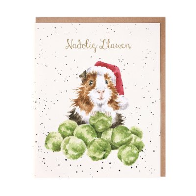 Guinea pig and sprouts Christmas card with Welsh text