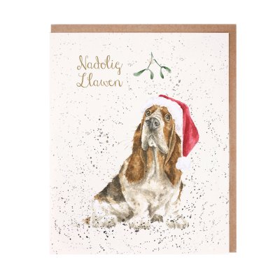 Basset Hound Christmas card with Welsh text