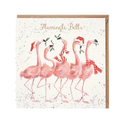 Flamingos in festive hats and scarves Christmas card