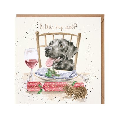 Black Labrador sat at a festive table Christmas card