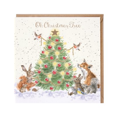 Woodland animals gathered around a Christmas tree 
