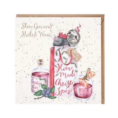 Mole and sloth in a festive bag with a bottle of gin Christmas card