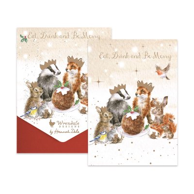 'The Christmas Party' woodland animals around a Christmas pudding Christmas card pack
