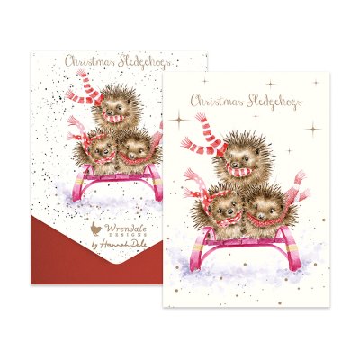 'Sledgehogs' three hedgehogs in scarves on a sledge illustrated Christmas card pack