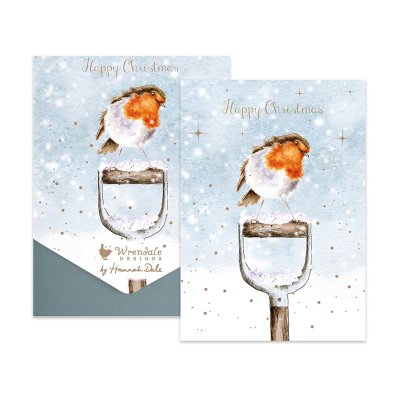 Robin on a spade handle in snow illustrated Christmas card pack
